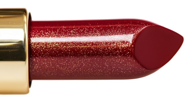 Close-up of a burgundy lipstick. Shiny, golden casing. Sparkling texture - Powered by Adobe