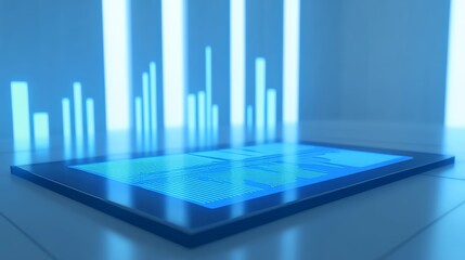 A bar graph, tablet, and report paper are isolated on a white background