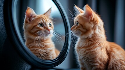 Ginger kitten looking at reflection in round mirror, cozy home interior, possible use for pet care, home decor, or heartwarming imagery