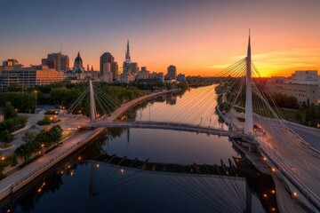 Stunning Winnipeg Cityscape at Sunset: A Panoramic View of the Manitoba Skyline Reflecting on Water
