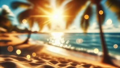 Abstract blurred summer beach with sunlight and blue sky. Bokeh light effect background. Summer vacation and travel concept. Design for banner, postcard, card, wallpaper, print.
