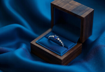A stunning engagement ring featuring a dazzling blue sapphire in a beautiful wooden box.