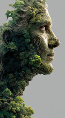 An intriguing artwork showing a human profile merged seamlessly with lush green foliage, creating a thought-provoking representation of nature and humanity combined.