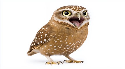 Fototapeta premium Alert Brown Owl with Open Beak and Bright Eyes on White Background