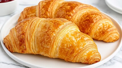 Freshly baked croissants on a plate.  Golden-brown, flaky pastries