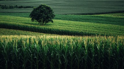 Obraz premium Vibrant Fields of Towering Corn Surrounded by Lush Green Grass and Trees