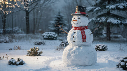 A snowman in the snowy yard towers over small shrubs