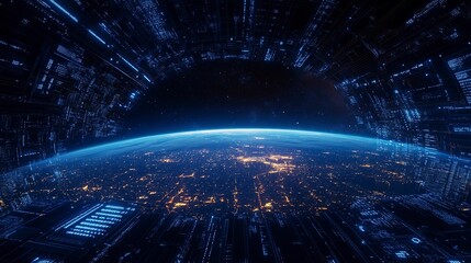 Fototapeta premium Digital Earth globe with digital data and technology background, city skyline silhouette on the horizon, blue gradient background, grid lines, binary code. Digital marketing concept design for global 