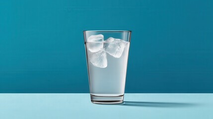 Simple glass of clear water with ice cubes placed on blue surface in minimalist hydration themed drink concept using clean lines and lighting