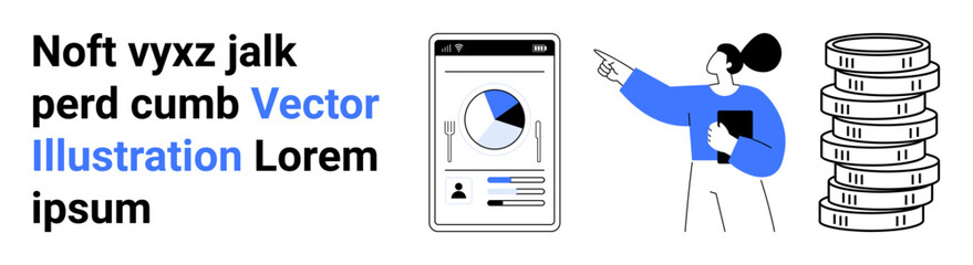 Businesswoman pointing at mobile analytics screen with pie chart and graphs. Stacked coins represent financial growth. Ideal for business analytics, finance, data analysis, technology, startups
