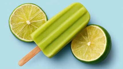 Green lime popsicles with lime slices on light wooden surface vibrant summer refreshment frozen dessert ice treat vitamin c visual for healthy eating and snack idea stock image