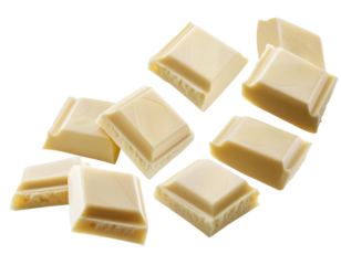 fallende weiße Schokoladenstücke isoliert auf weißen Hintergrund, Freisteller 