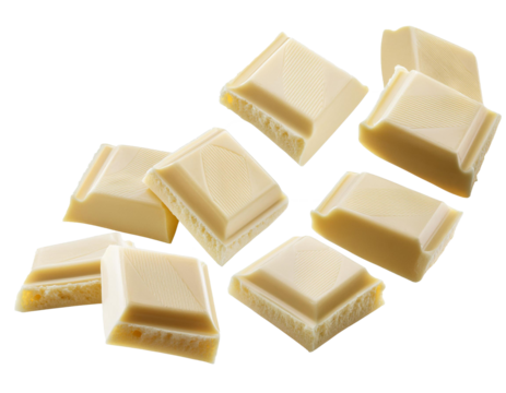 fallende weiße Schokoladenstücke isoliert auf weißen Hintergrund, Freisteller 