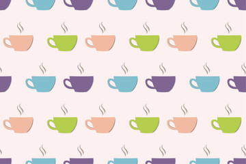 A seamless pattern with colorful cups.  Coffee or tea cups colored background.