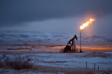 Fototapeta premium Rural Oil Production Scene: Crude Oil Pump Jack and Natural Gas Flare in Wyoming's Powder River Basin