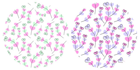 Outline Heart shape branches on colorful Heart spot Trendy pink, mint and lavender Circular fond Set