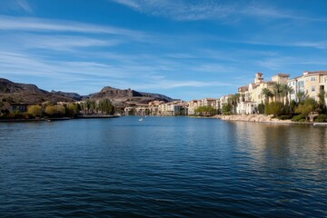 Obraz premium Breathtaking Afternoon Landscape of Lake Las Vegas: A Sunny-Day Urban Oasis with Architecture and Blue Skies