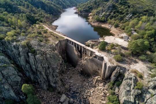 Sunlit Ruins: Closeup of the Vega de Tera Broken Dam in Zamora, Spain &acirc;&euro;&ldquo; A Reflection on Nature's Disasters