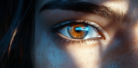 Fototapeta premium Digital eye with a digital screen on a dark background, a close-up view of a woman's brown eyes and iris in a cyber security concept, a futuristic tech and data technology theme. A digital world 