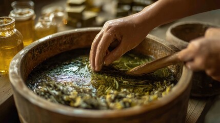 Handcrafting Herbal Mixture in Wooden Bowl with Natural Ingredients