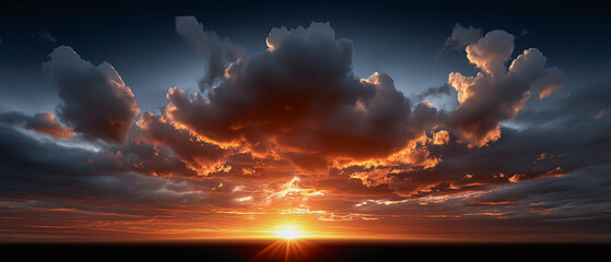 Fototapeta premium Fiery Horizon: A breathtaking celestial display unfolds as the sun dips below the horizon, painting the sky with vivid hues of orange and red, and the clouds with golden light.