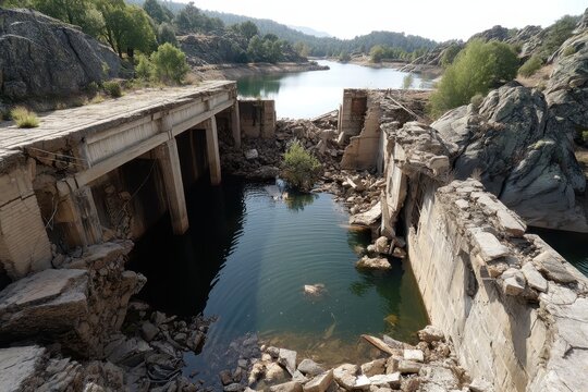 Desolate View of the Vega de Tera: A Broken Concrete Dam Disaster in Zamora, Spain Revealing Nature's Struggle Under Daylight