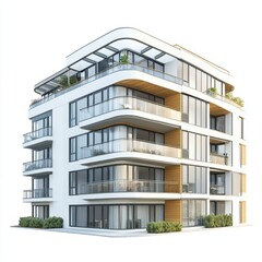 Modern apartment building with balconies and glass on isoleted white background