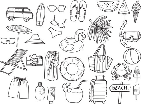 Illustrations &eacute;t&eacute; plage vacances objets trait noir vecteur
