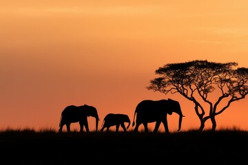 Fototapeta premium Silhouette of an Elephant Family at Sunset over the Serengeti Plains, Embracing the Wild Beauty of Africa's Nature