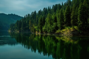 Obraz premium Serene Evening Reflections: Tranquil Lake Surrounded by Lush Green Trees in North Idaho