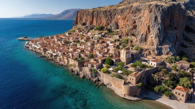 Stunning Aerial Perspective of the Historic Monemvasia Village Surrounded by the Aegean Sea in Greece
