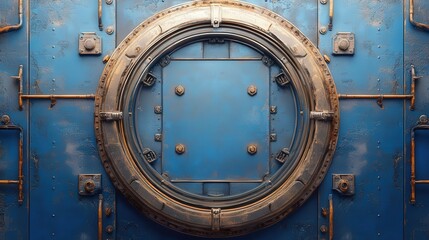 Naklejka premium Top-down view of a round, blue steel door in an industrial steampunk spaceship. Photorealistic, cinematic concept art with detailed metal textures and futuristic design elements.