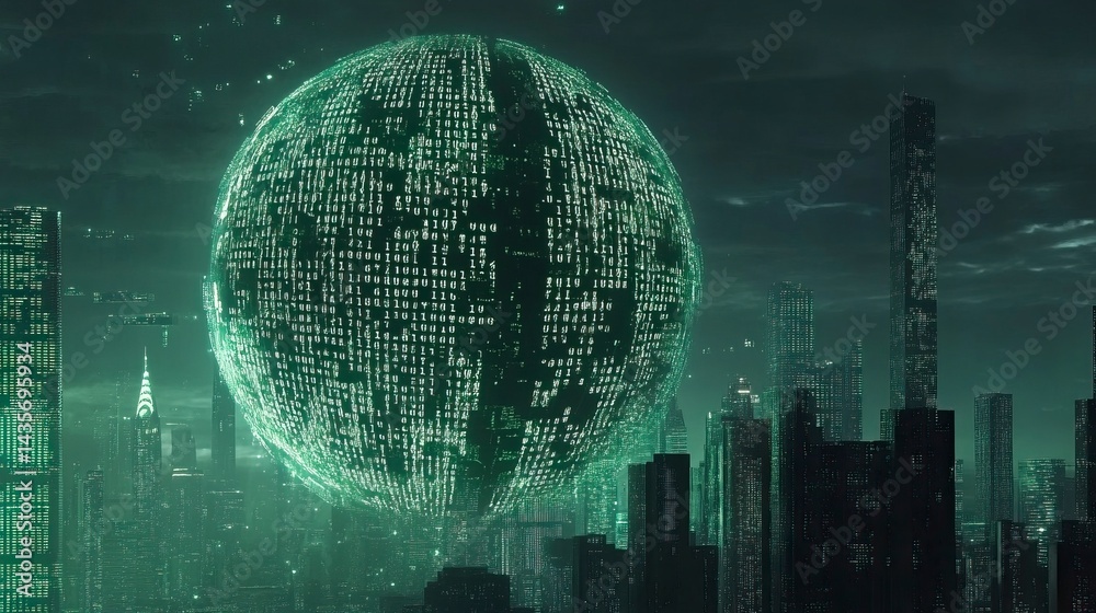 Poster digital globe with binary code and city skyline background, technology concept for global business o