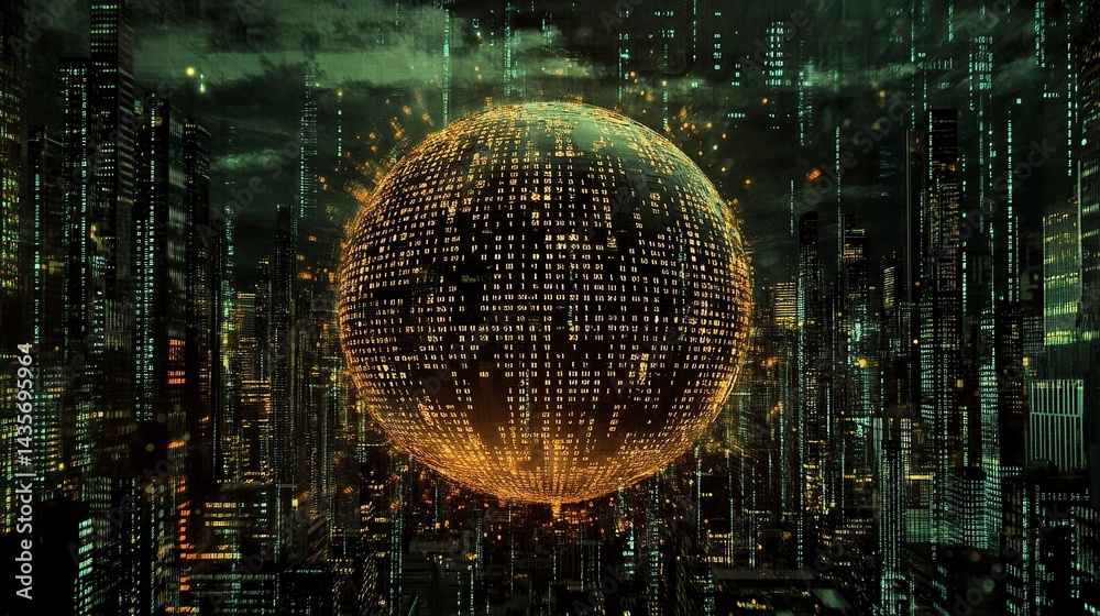 Poster digital globe with binary code and city skyline background, technology concept for global business o
