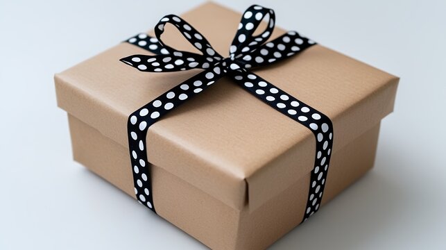 Brown Gift Box with Black and White Polka Dot Ribbon on White Background - Powered by Adobe
