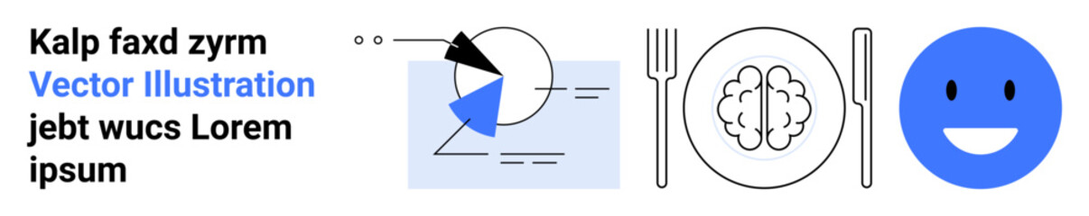 Abstract geometric data chart, fork, knife, brain as a meal, and happy face. Ideal for creativity, psychology, education, wellness technology design simple landing page