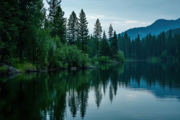 Tranquil Evening Reflections: Verdant Trees by a Serene Lake in North Idaho