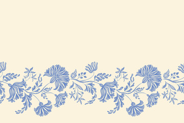 Vintage floral ethnic tapestry modern embroidery texture boho design vector illustration hand drawn silhouette indigo blue flower motif branches leaves wallpaper seamless background border.