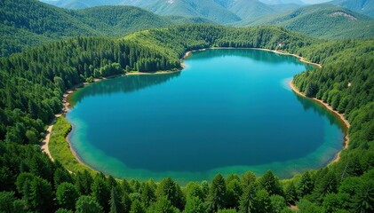 Distinctive shoreline creates geometric lake shape, viewed from above , natural, image