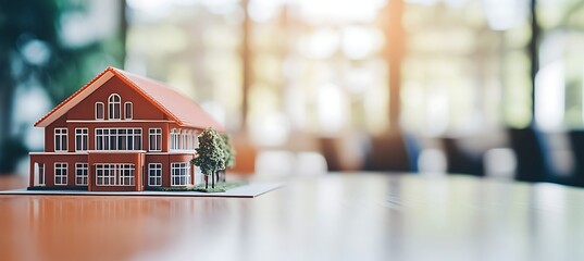 A detailed miniature university building building model on a polished wooden table in an office, with a blurred background. A blank space on the side for branding