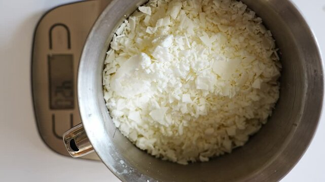 Flakes of natural soy wax are poured into a bowl and weighed on scales. Production of natural aroma candles. Hobbies and small businesses.