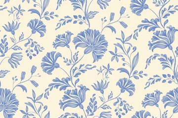 Peel and stick wall murals Vintage floral ethnic tapestry modern embroidery texture boho design vector illustration hand drawn silhouette indigo blue flower motif branches leaves wallpaper seamless background border.