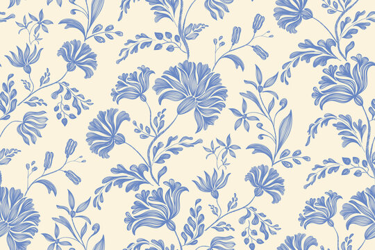 Vintage floral ethnic tapestry modern embroidery texture boho design vector illustration hand drawn silhouette indigo blue flower motif branches leaves wallpaper seamless background border.