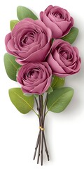 Naklejka premium A bouquet of four pink roses tied with a gold ribbon, against a white background