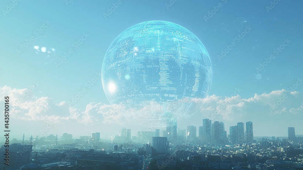 Poster digital globe with data and information on a background of a cityscape, a technology concept. digita
