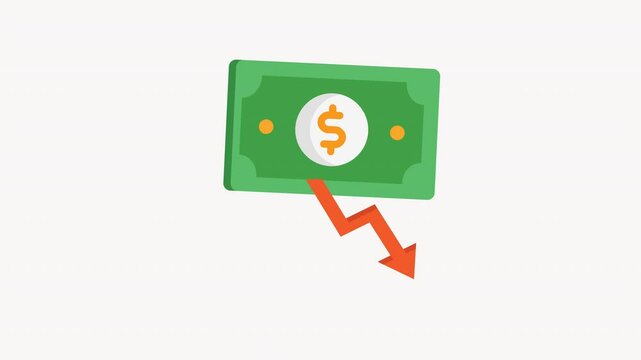 Green dollar bill with a downward arrow, symbolizing financial decline. Suitable for finance, economy, recession, and moneysaving concepts.
