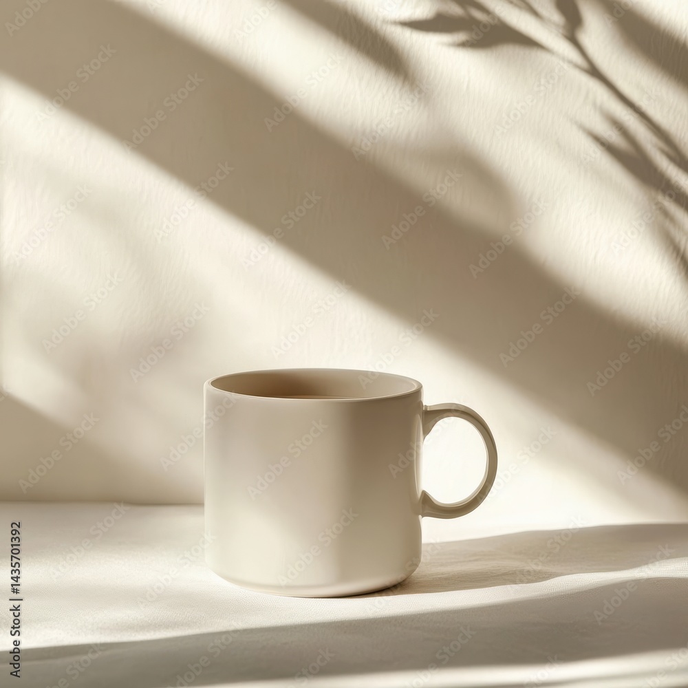 Poster a ceramic mug on a white surface is bathed in natural light and shadow, creating a serene and minima