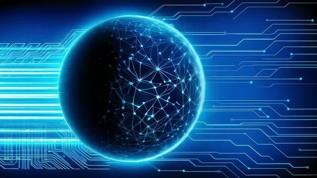 Digital sphere with glowing blue network pattern against split white and circuit board background