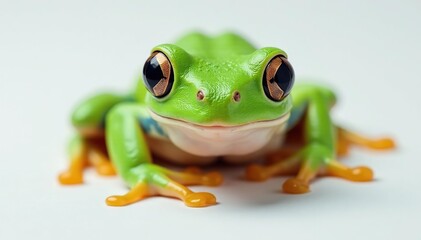 Obraz premium Green tree frog perched on white, vibrant skin, perfect, adorable, small