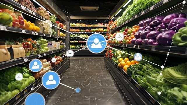 Grocery store aisle with digital customer profile overlays